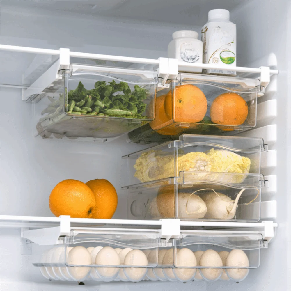 Transparent Refrigerator Hanging Organizer Fresh Keeping Pull Out Slide Drawer Style Box Rack Large Capacity Reusable
