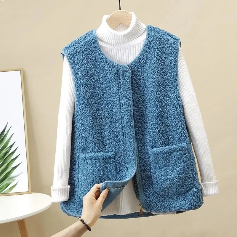 

2024 Korean Fashion Faux Lambswool Vest Women Oversize Zipper Thick Solid Color Casual Fleece Warm Waistcoat