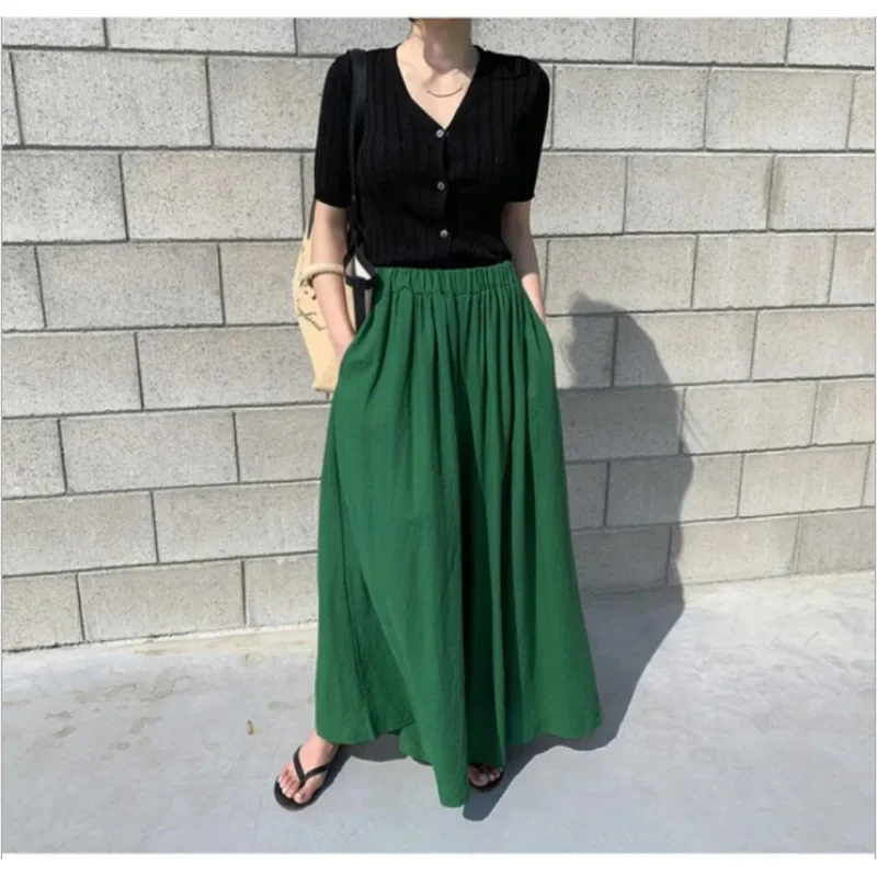 Korean Version of Solid Color Cotton Hemp Elastic High Waist Wide Leg Pants, Women Spring and Summer Fashion Loose Long Pants