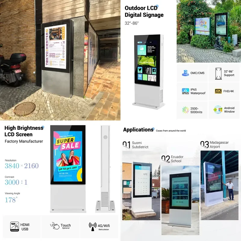 4K HD LCD Digital Signage Display for Outdoor Advertising Mall Retail Store Wayfinding Elevator Use
