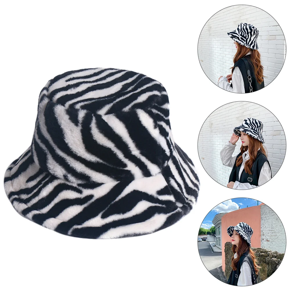

Sun Hats Zebra Bucket Plush Fisherman Cap Thermal Fur Warm Windproof Fuzzy Miss