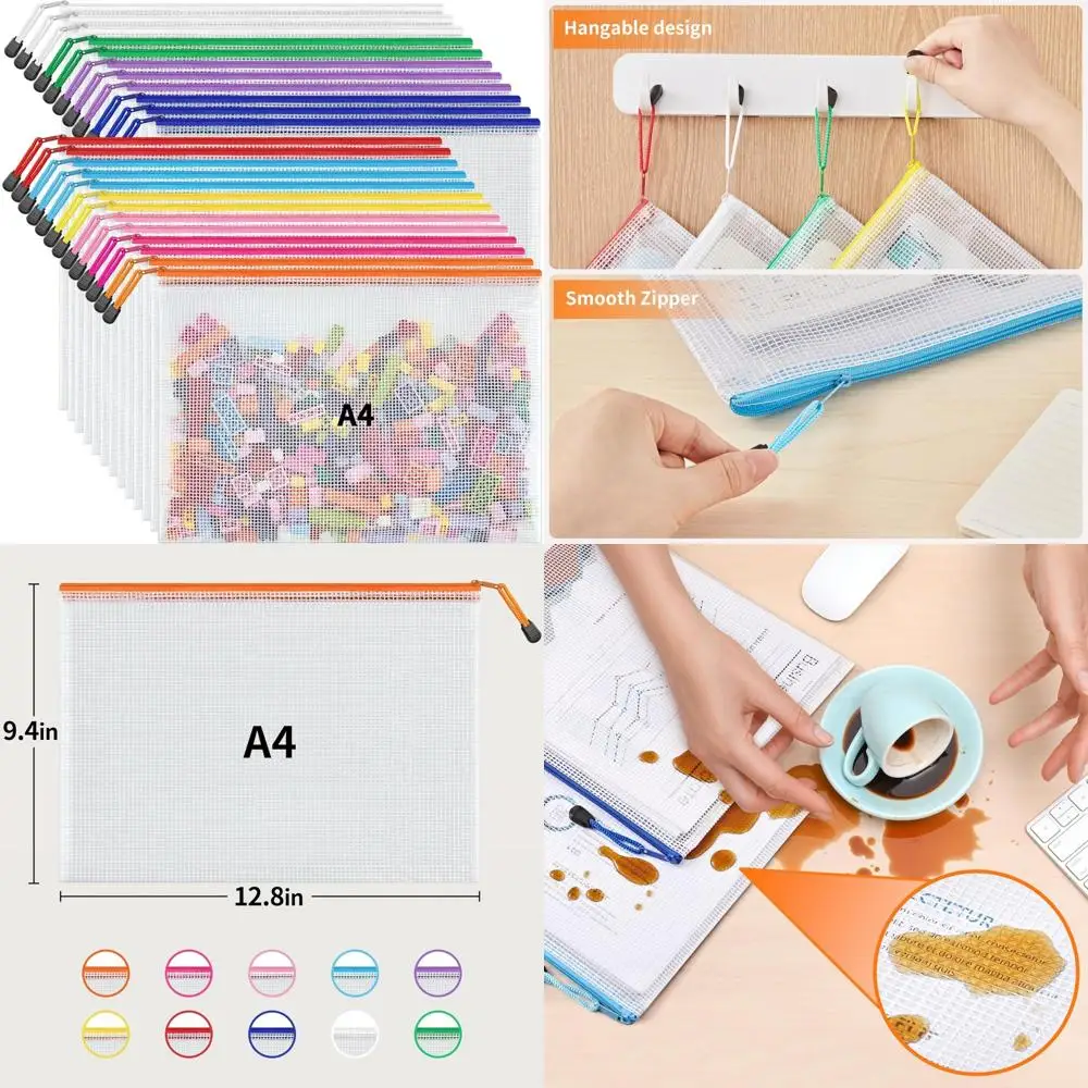 

JARLINK A4 Letter Size 24 Pack 10 Colors Zipper Mesh Document Pouch, Mesh Bags for Board Games & Puzzles, Waterproof Document Zi