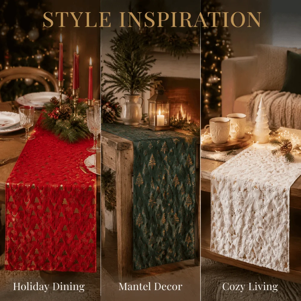 Embroidered Christmas Table Runner Long Strip Christmas Tree Pattern Antlers Printed Tablecloth Thickened Soft Table Flag