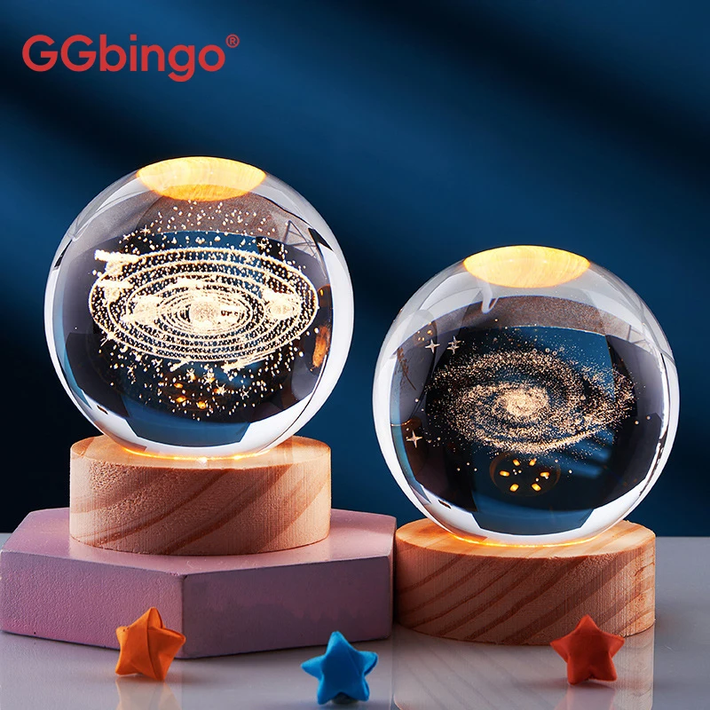 

GGBingo LED-светильник с теплым светом, хрустальный шар, стеклянный шар, планета Земля, деревянная подставка, Солнечная система, Галактика, подарок на день рождения, декор для дома и рабочего стола