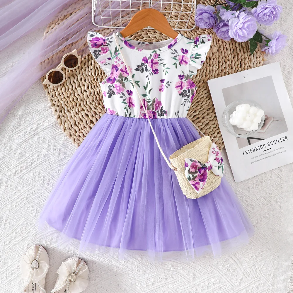 New Spring & Summer Toddler Girls' Purple-White Color-Block Dress - Purple Floral Print, Flutter Sleeves & Mesh, Daily Fresh Pri