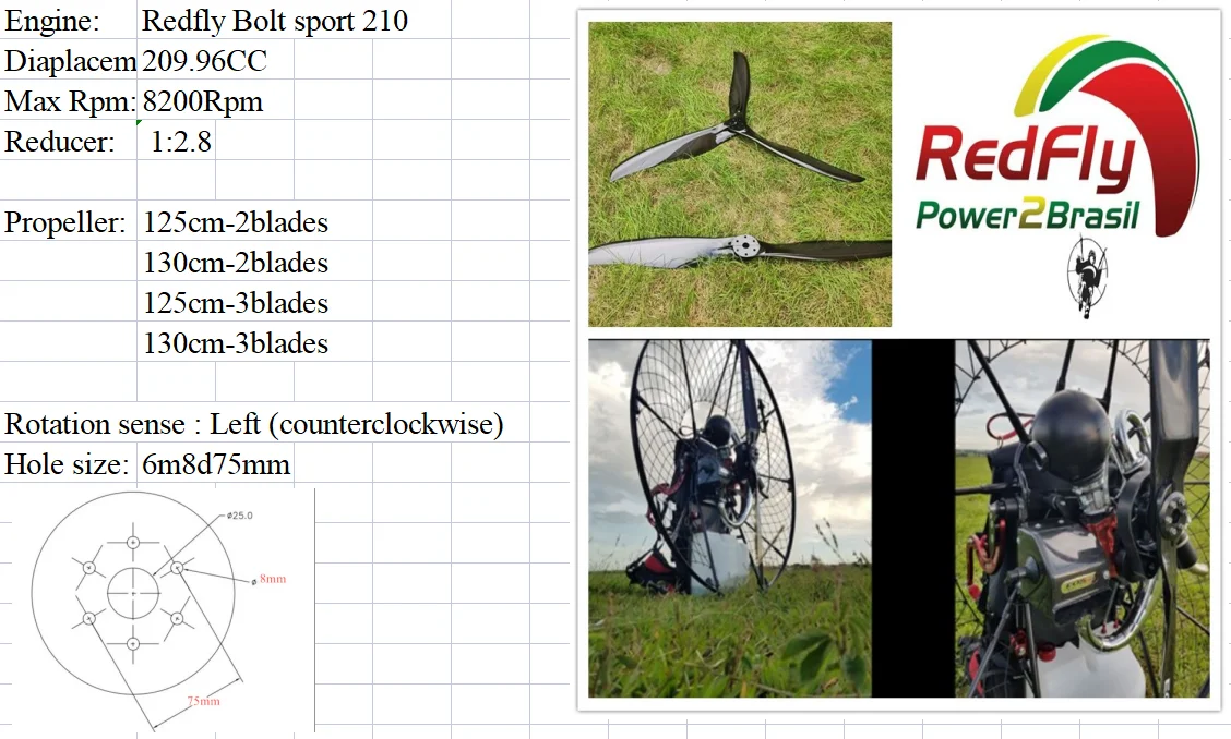 Śmigło węglowe do paralotni czerwonej, paralotnia napędzana, 210 sportowa, 125cm, 130cm, 2 ostrza, 3 ostrza