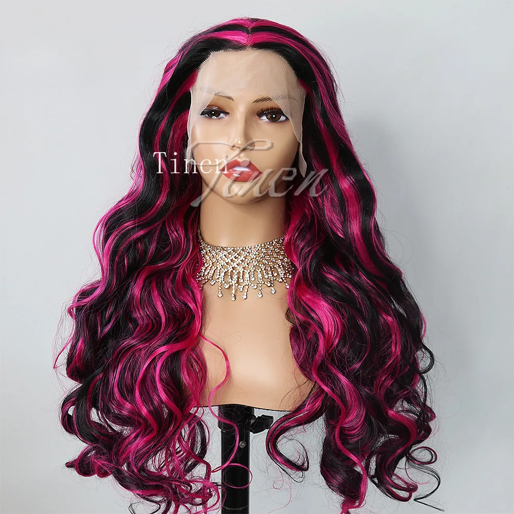 

Black Pink Balayage Long Deep Wavy Hair Lace Front Synthetic Wig For Black Women
