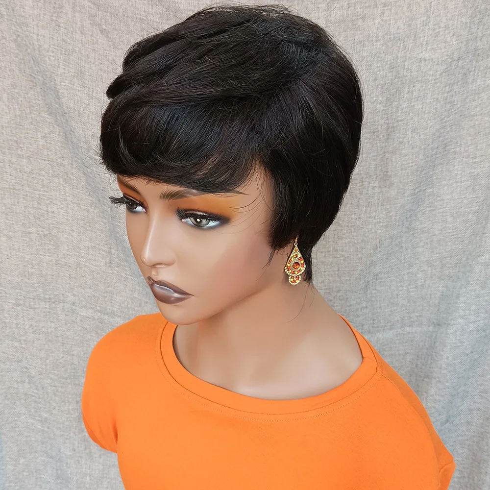 Black Short Straight Bob Pixie Cut Wavy Synthetic Hair Wig for Women 6 inch