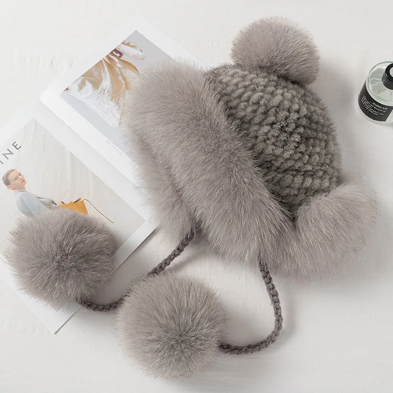 New Knitted Hat Ladies Real Mink Fur Beanies Cap Girls Luxury Fox Fur Brim and Ball Winter Warm Natural Mink Fur Hats Elastic
