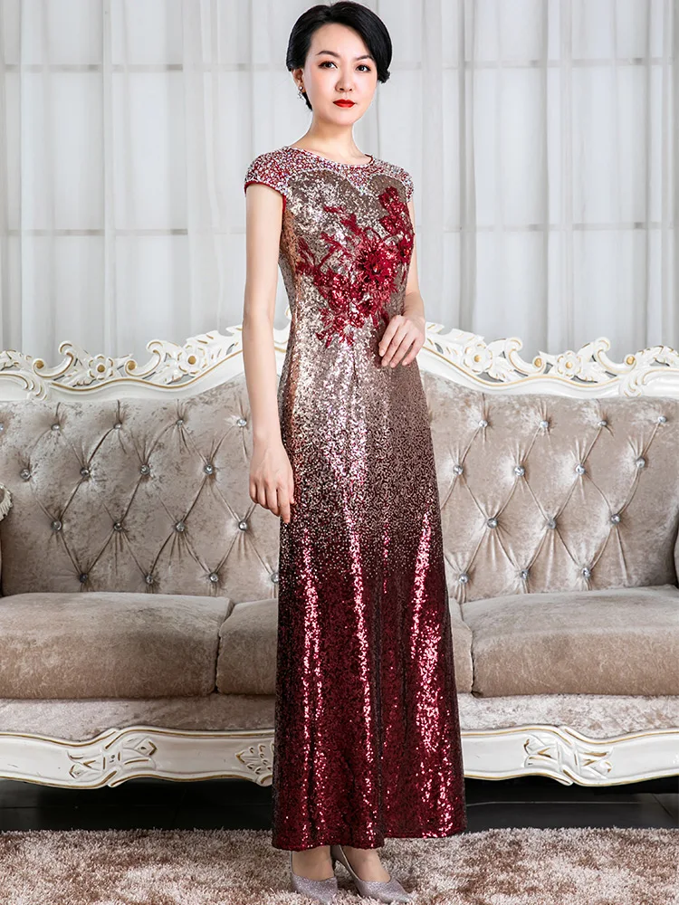 Shiny Sequin Mother Of The Bride Dresses With Handmade Beads Elegant Modest Round Neck Ankle-Length Long Women Evening Gowns