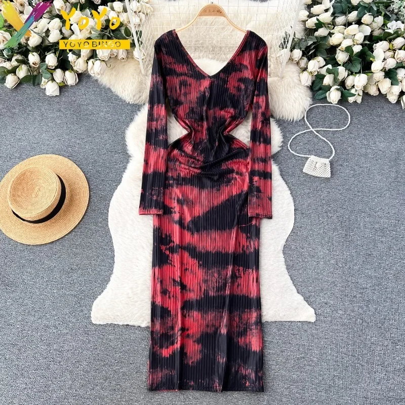 Elegant Party Dress Black Print Long Sleeve V-neck Dress 2024 Spring Korean Slim Bodycon Chic Work Wear Dress