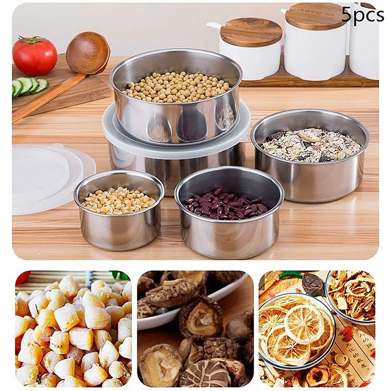 5Pcs Stainless Steel Mixing Bowls With Lid Stackable Cooking Storage Deep Nesting Bowl Silver Food Container Kitchen Tool
