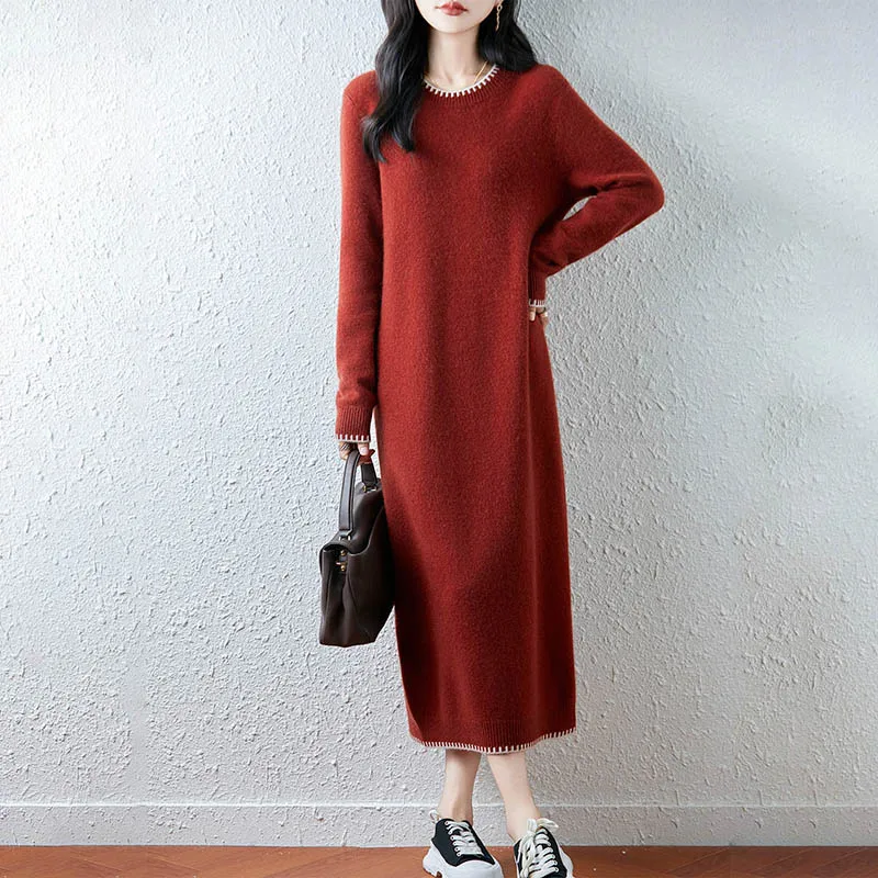 ZYCZCXXFall/hiver 2025 nouvelle robe tricotée 100% laine Pure femmes couleur ample correspondant à manches longues col rond robe de mode douce