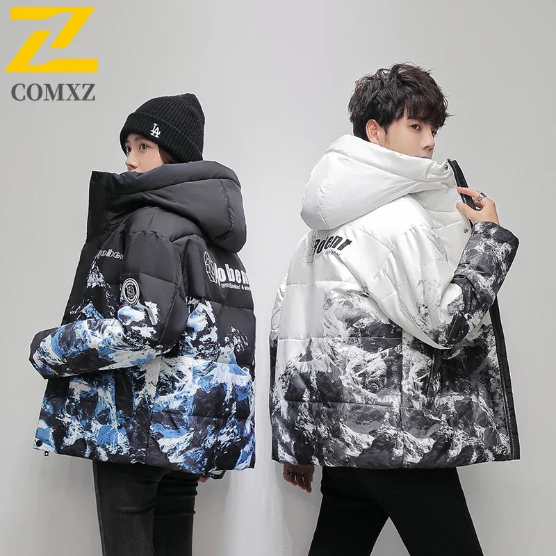 COMXZ Men Puffer Jacket Gradient Korean Style Ski Warm Windproof Travel Cotton Padded Jacket High Quality Snow Padded Jackets