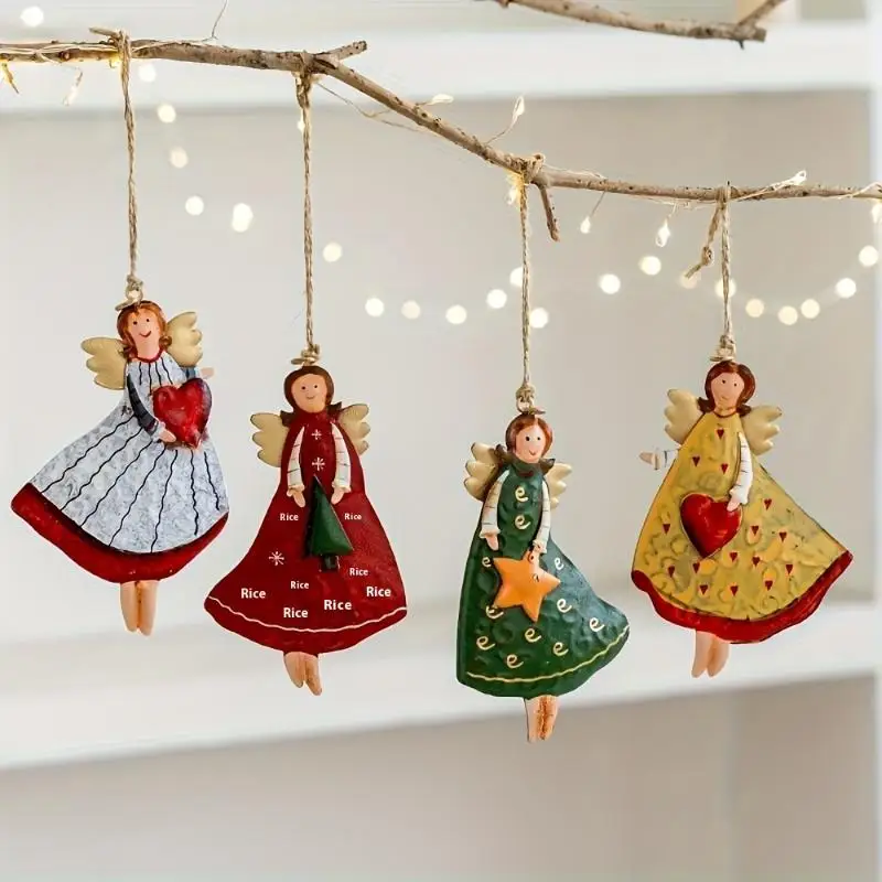 4PCS/Set Vintage Angel Hanging Decor Fantasy Wooden Xmas Tree Hanging Ornament Decor For Home New Year Gift Christmas Decor~