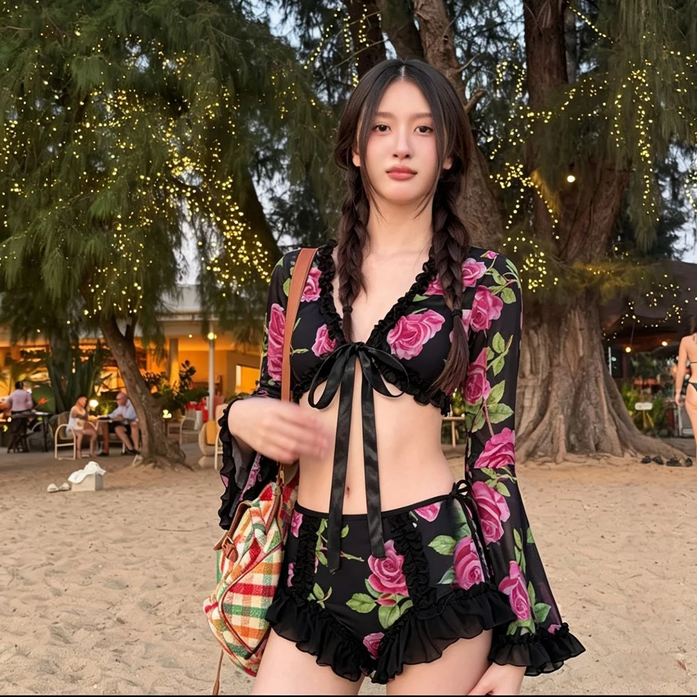 New Women's Split Swimsuit Long Sleeve Anti Sunscreen Sexy Sweet and Spicy High Waist Beach Resort Sweet Hottie Summer Bikini