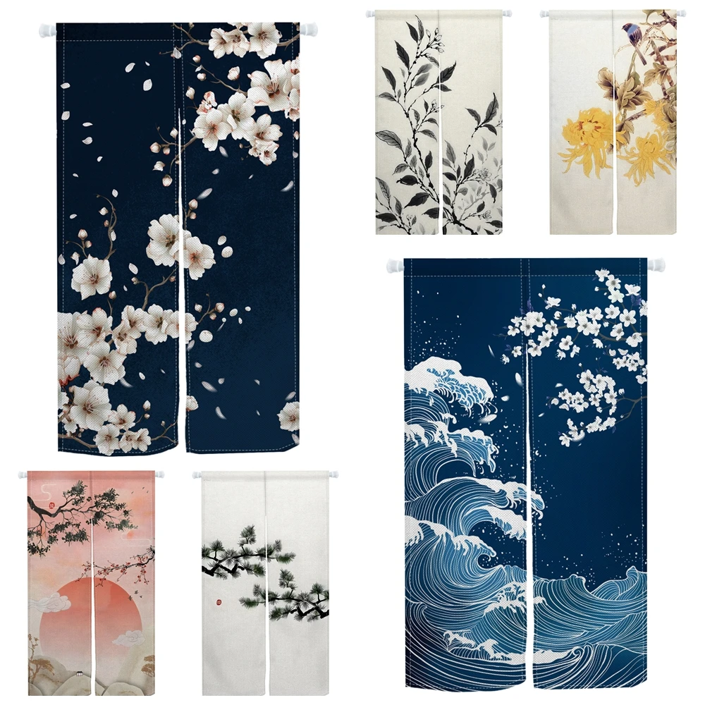 Japanese Door Curtain Cherry Blossom Chrysanthemum Ocean Wave Kitchen Doorway Partition Curtain Bedroom Bathroom Half Curtain