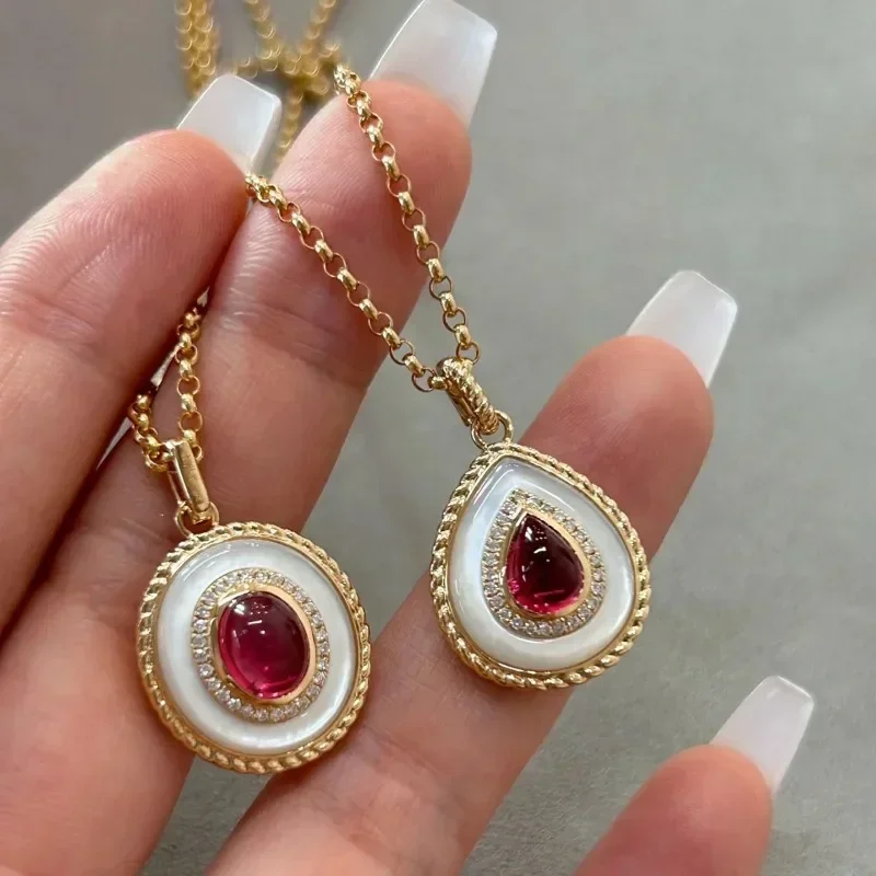 Original Retro White Fritillaria Necklace for Women Ruby Water Drop Pendant High quality Light Luxury clavicle chain Jewelry