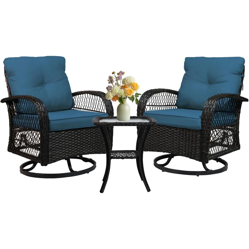 طقم أثاث للفناء مكون من 3 قطع، وكراسي فناء خارجية من الخيزران مع وسائد سميكة وطاولة قهوة زجاجية