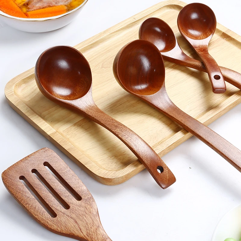 Ebony Large Soup Ladle Household Kitchen Spoon Restaurant Service Spoon Long Handle Wooden Japanese and Korean Style Spoon