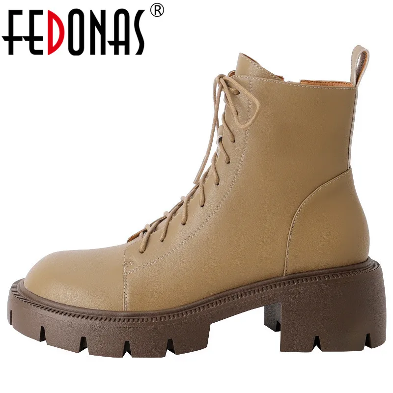 

FEDONAS Women Ankle Boots Autumn Winter Working Casual Thick Heels Genuine Leather Shoes Woman Fashion Cross-Tied Short Boots