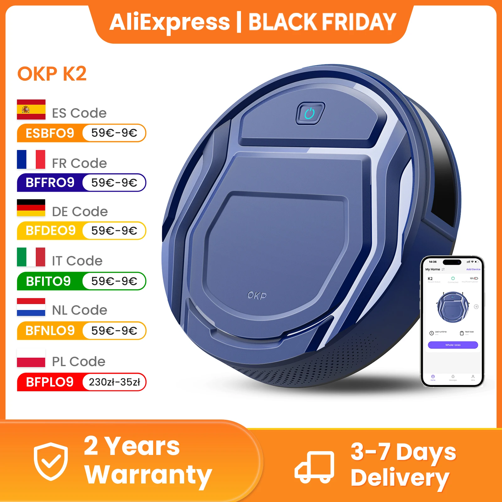 (Vendita di liquidazione) Robot aspirapolvere wireless OKP K2, aspirazione 2000 Pa, elettrodomestico con ricarica automatica, robot aspirapolvere da pavimento