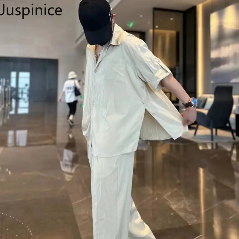 Summer Lapel Simple Solid Short-sleeved Shirt Trousers Suit Men’s Handsome Loose Casual High Street Personalized Tops Pants Set - Image 6