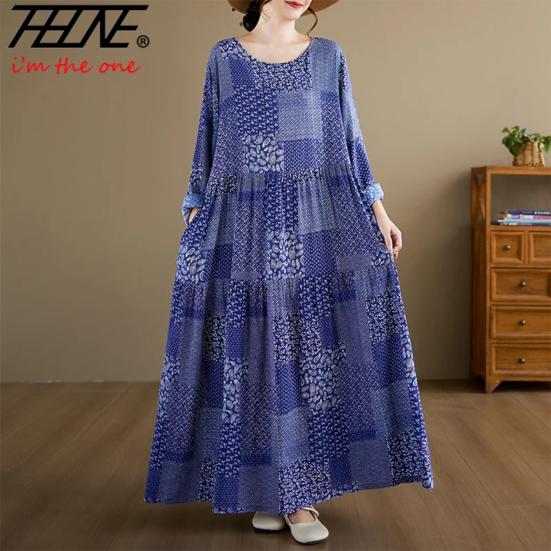 

Женское весеннее платье THHONE больших размеров, с принтом, из хлопка и льна, с круглым вырезом, свободное, винтажное, в богемном стиле, длинное платье-рубашка