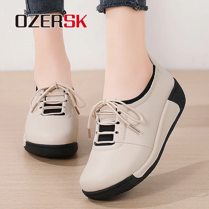 OZERSK Women's Casual Shoes Quality Cow Leather Lace Up Fashion Breathable Ladies Soft Wear-Resistant Platform Shoes Size 35-41