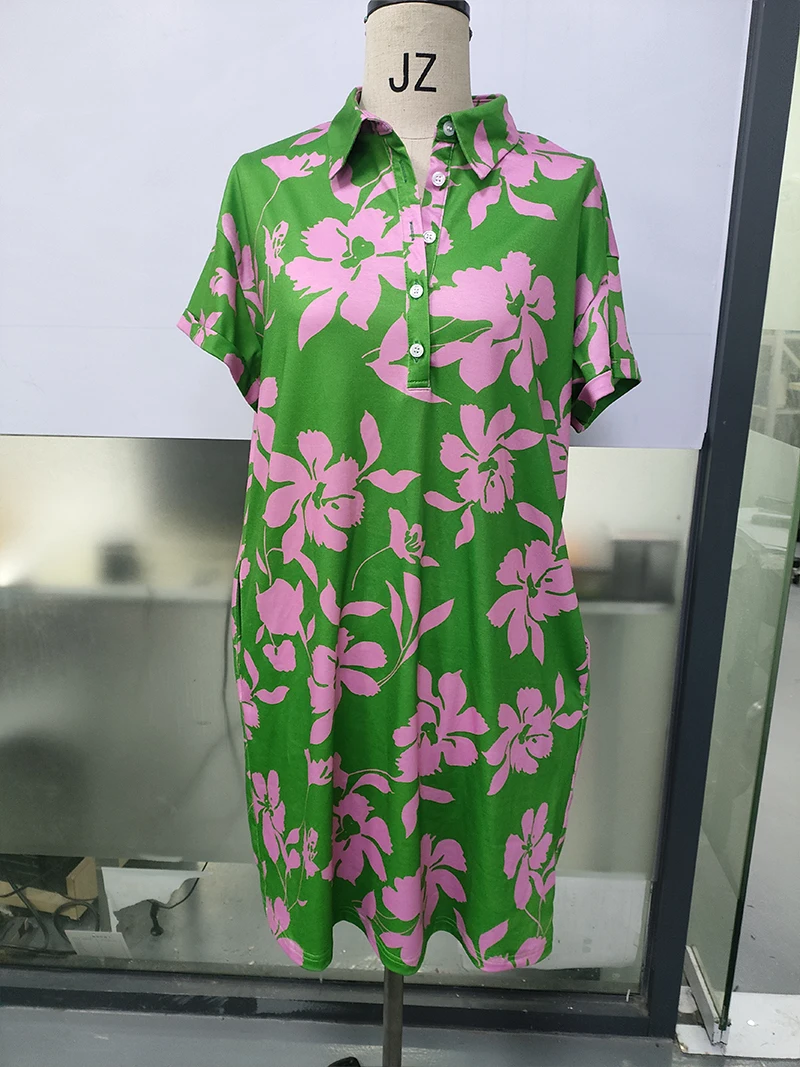 Women's Cotton Shirt Dresses Summer Casual Short Sleeve Beach Boho Floral Cover Up Sundress Loose Shift Polo Collar Midi Dresses