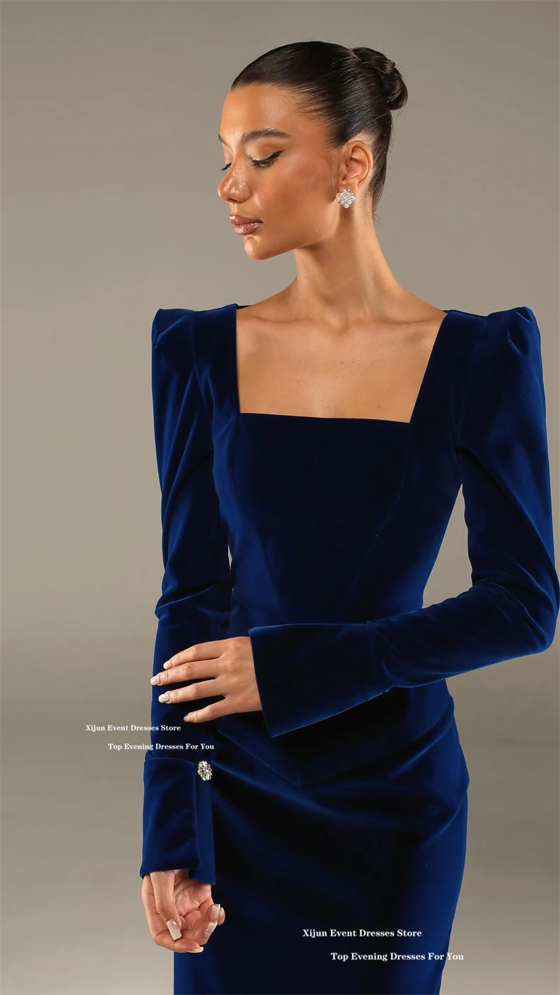 Xijun Simplr Royal Blue Velvet Evening Dresses Square Collar Long Sleeves Mermaid Prom Dresses Formal Prom Gowns Women Customize