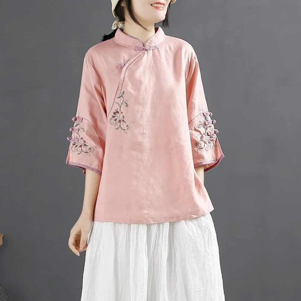 Lente Traditionele Chinese Stijl Oosterse Shirt Kleding Voor Vrouwelijke Vrouwen Half Mouw Hanfu Losse Casual Blouse Grote Maat Tops