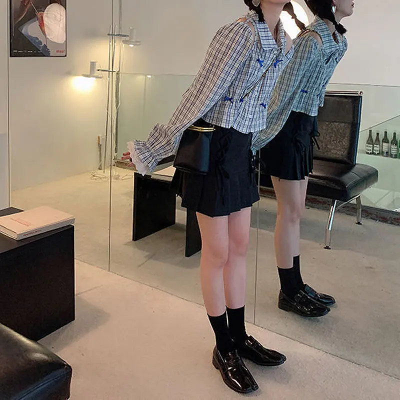 Fashionable Plaid Bow Lapel Blouse Female Clothing Sweet Lace Spliced Spring Autumn Elegant Off Shoulder Hollow Out Aura Shirts