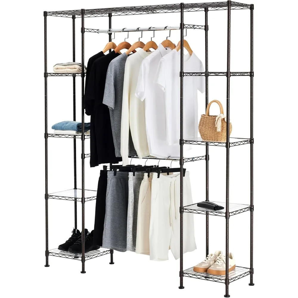 Expandable Metal Hanging Closet Organizer and Storage Rack Wardrobe with Shelves, 57-80''L X 14''W X 72''H, Bronze Closet