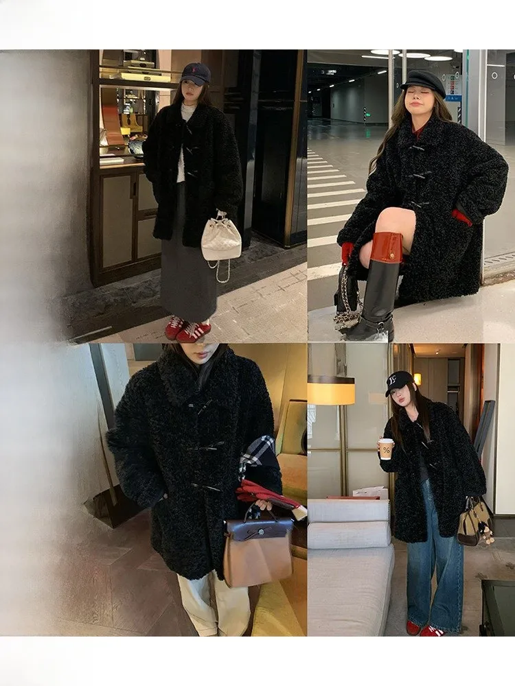 

NAZ Large Size Winter Vintage Quality Fur And Leather Integrated Women's Jacket with Horn Buttons Elegant Style Long Sleeve Coat