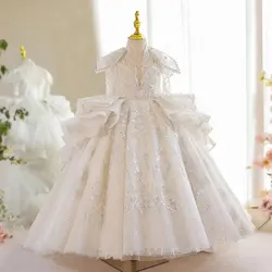 Jill Wish Luxury White Girl Dress Beaded Sequined Dubai Kids Princess Birthday Wedding Party First Communion Long Gown 2024 J213