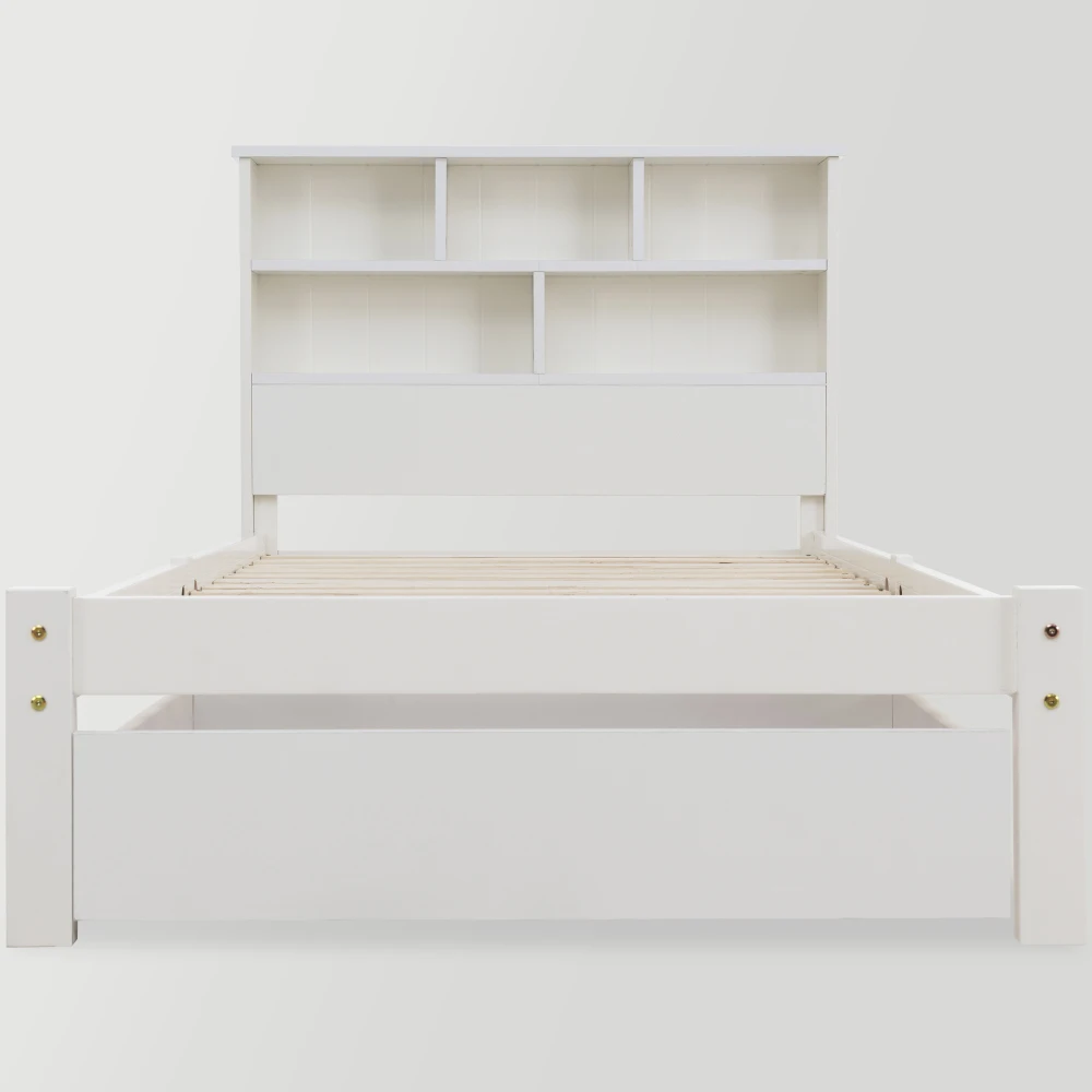 PINGGO Einzelbett aus Massivholz, 90 x 200 cm, weiß, mit Schubladen, Gitter-Bücherregal für Kinder, Jugendliche, Erwachsene, ohne Matratze – Detail 4