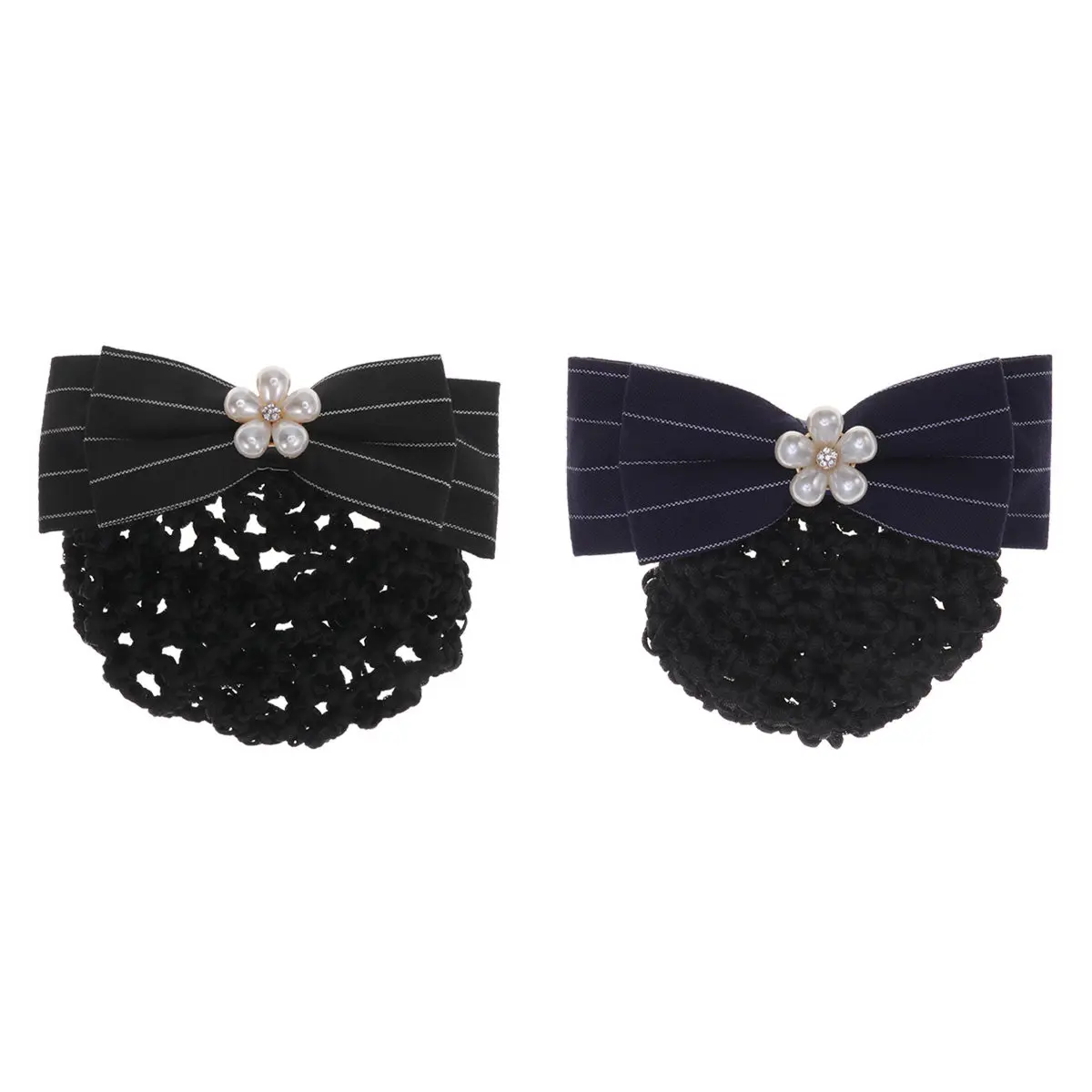 Bowknot Design Hair Net Pearl Studded Hairpin Black White Striped Snood Hairpins Elegant Work Party Date Elastic Hair Clips