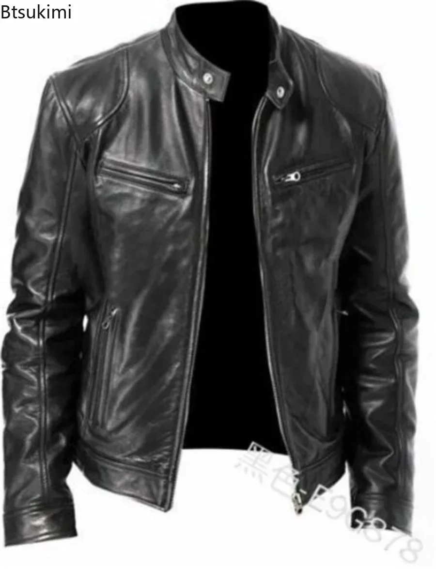 2025 Men's Autumn Winter PU Jacket Leather Jacket Slim Stand Collar Male Anti-wind Motorcycle Lapel Diagonal Zipper Jacket Men