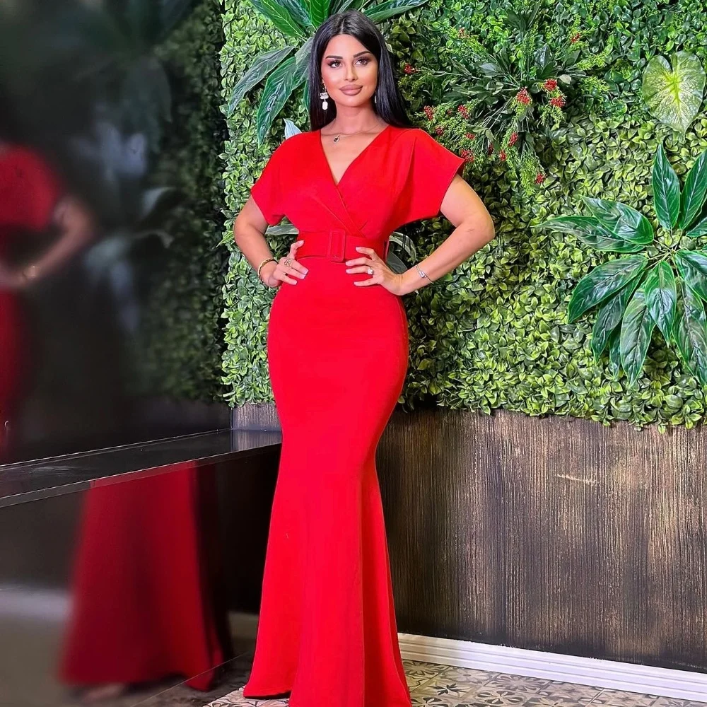 

Customized Modern Style Sexy Jersey Pleat Sash Mermaid V-neck Long Dresses Sizes Available Bespoke Occasion Dresses High quality