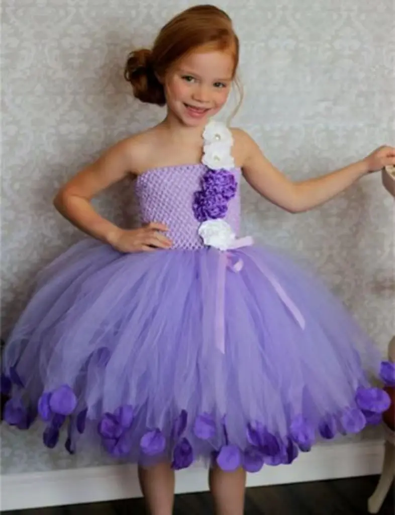 Girls purple Flowers Long Tutu Dress Kids Handmade Fluffy Crochet Tulle Tutus Ball Gown with Headband Children Cheap Party Dress