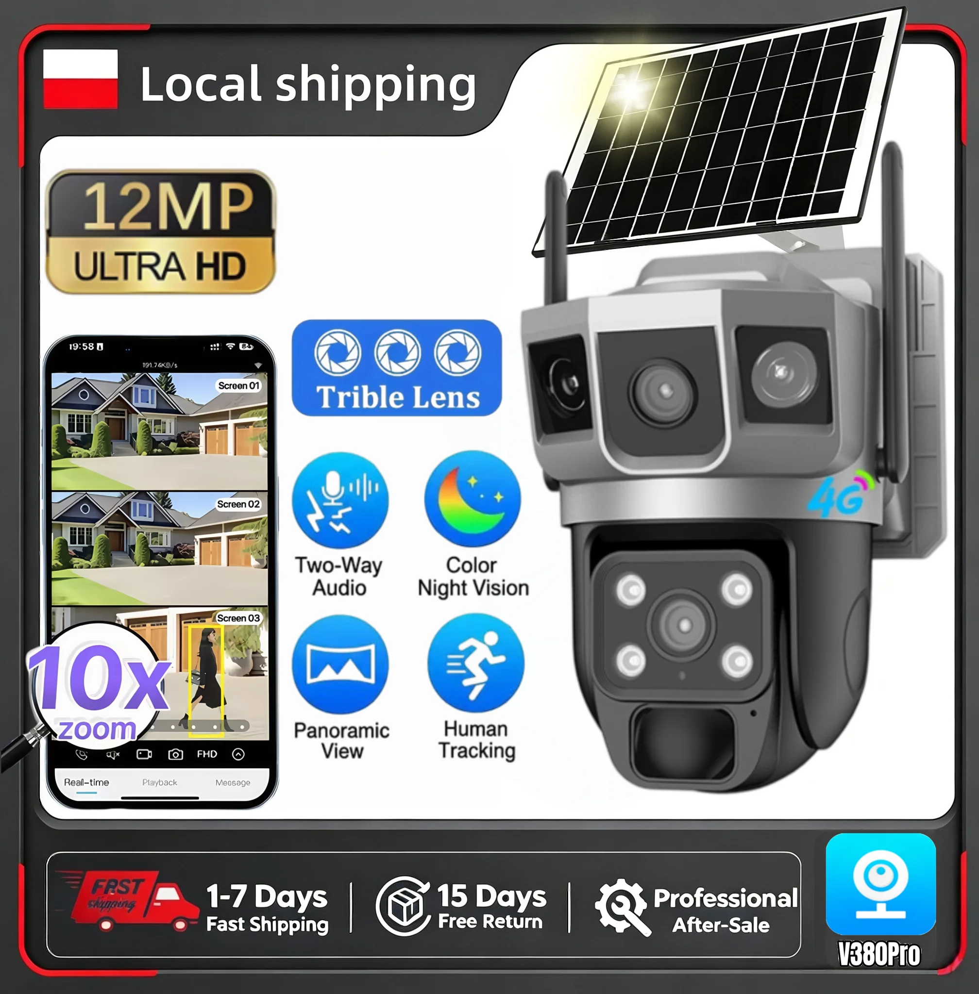 Telecamera di Sorveglianza V380 Pro 12Mp a Energia Solare con SIM 4G per Esterni, Telecamera HD a Doppia Lente, Rilevamento del Movimento PIR, Visione Notturna, Sistema CCTV a Batteria, Visione