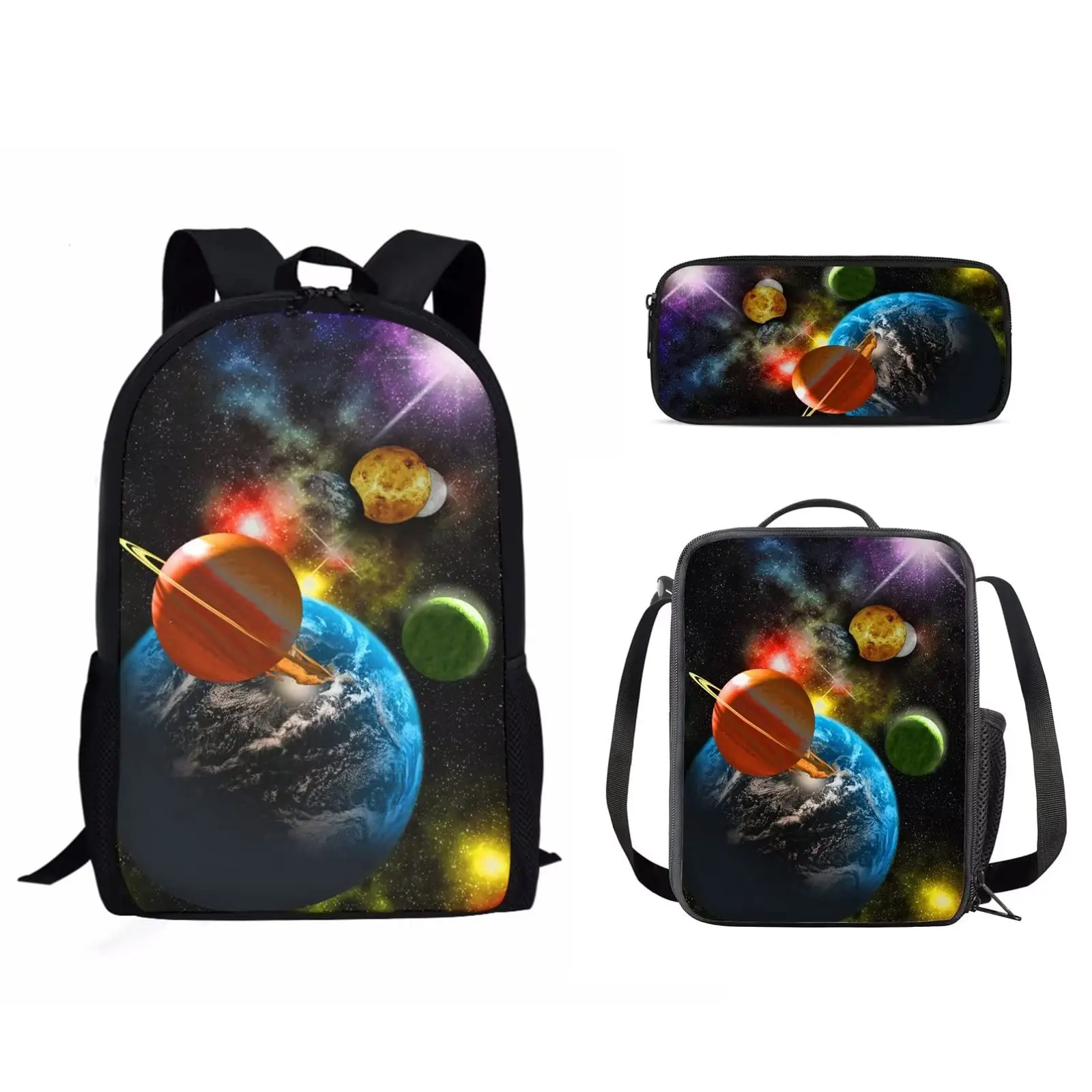 3Pcs Mysterious Cosmic Planet Pattern School Bag Set Boys Girls Travel Bag Campus Casual Backpacks with Lunch Bag Pencil Bag