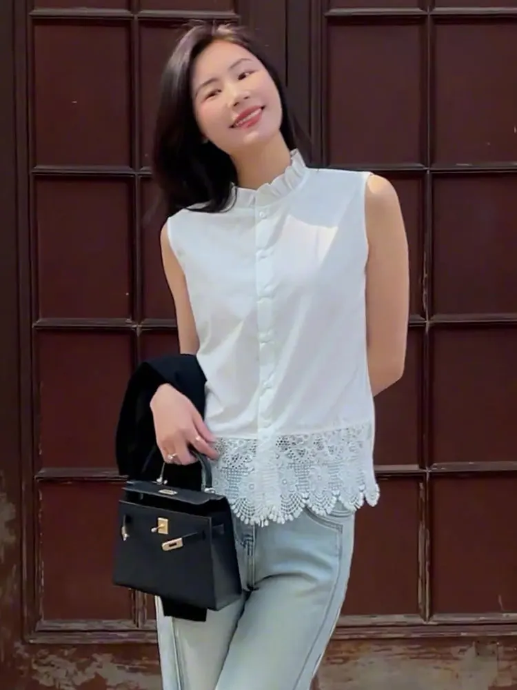 Reine Farbe Spitze Patchwork Einzigen Taste Sommer irt Slim Fit Svel Weste Koreanische Sle Pendeln Wind Gerade Rohr irt