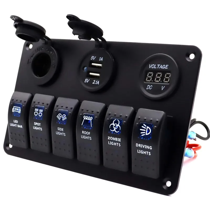 Gang Marine Rocker Switch Panel Waterproof 12 Volt, Boat Toggle Switch Panel 12V Blue LED Lighted