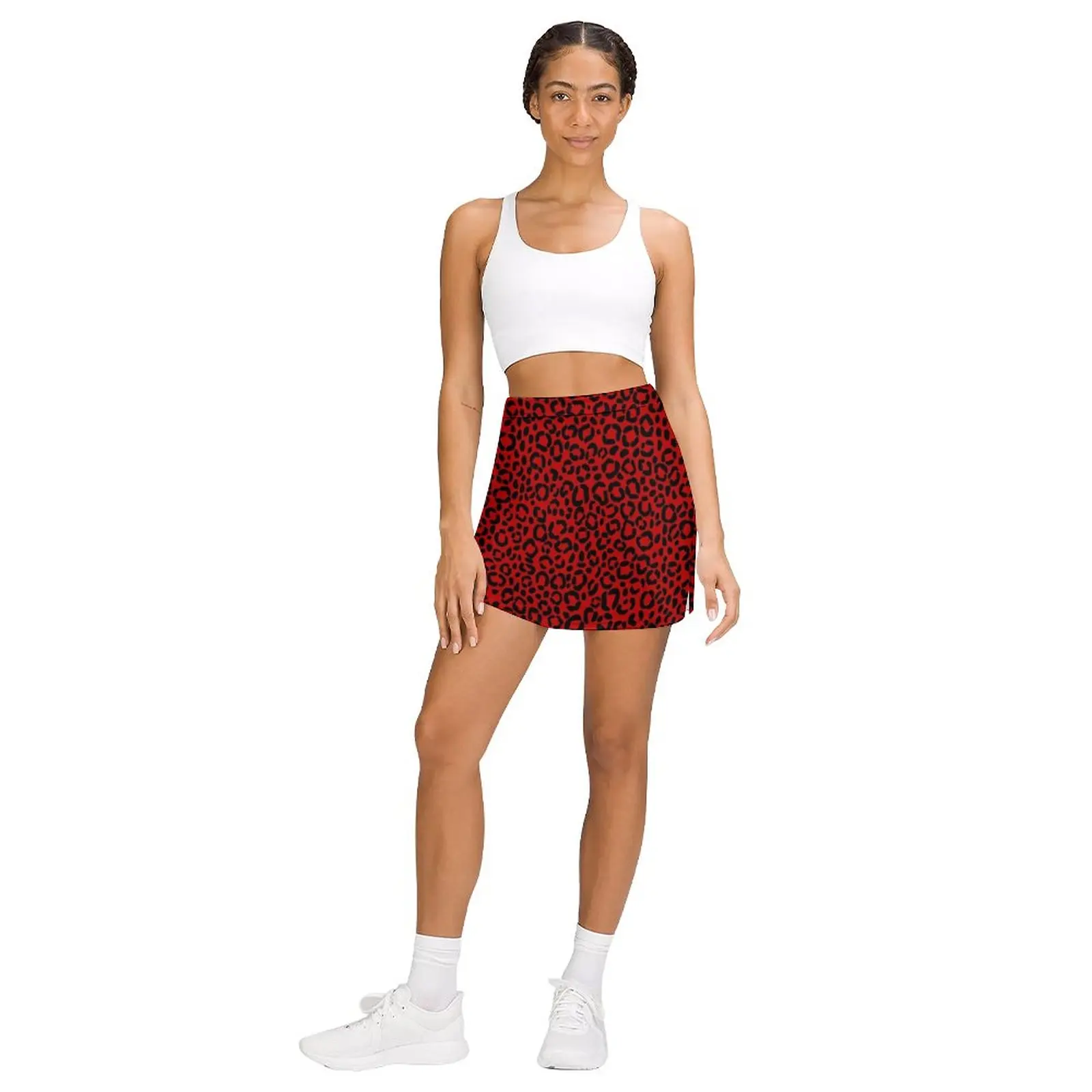 Saia de calça prova de luz feminina, atrevida design padrão vermelho e preto leopardo Print, uniforme escolar