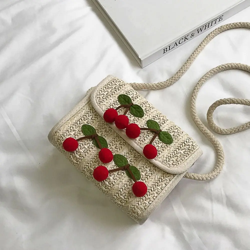 New Cherry pattern Ladies Handbag Large Capacity Woven Straw Underarm Bag Comfortable Female Satchels Women Girls