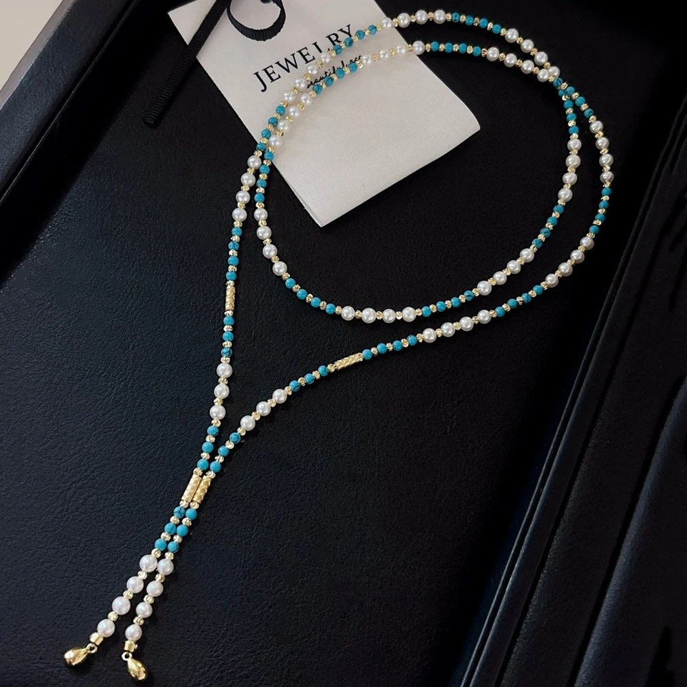 

4-5mm Top Quality Freshwater Akoya Pearl Necklace Sweater Chain for Fall and Winter Fashion with Turquoise and Magnetic Clasp
