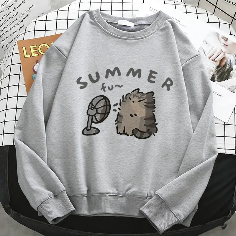 Kawaii Summer Fan Cat Print Womens Hoodies Trendy Cat Female Sweatshirt Soft Fashion O-Neck Pullover Casual Clothes