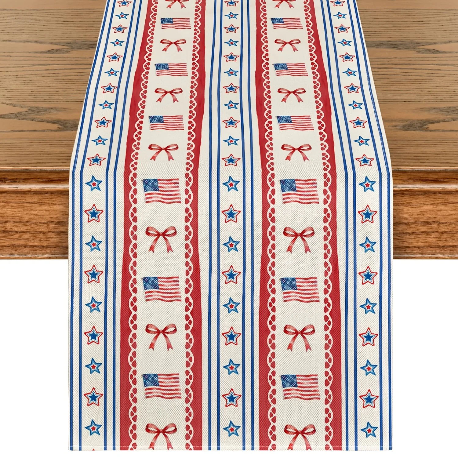 1 Piece of Table Runner with Bowknot Design and Star and Stripe Pattern, Inspired by the American Flag, Suitable for Farmhouse, Indoor, Kitchen, Celebrations, Table Decoration, Restaurant, and Banquet Decoration Supplies